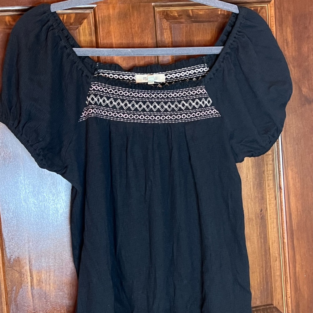 J. Crew Black Blouse with White Embroidery